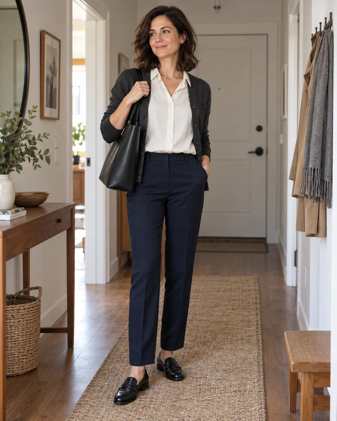 Frau in dunkelblauer Hose, heller Bluse und Strickjacke mit einer Arbeitstasche.