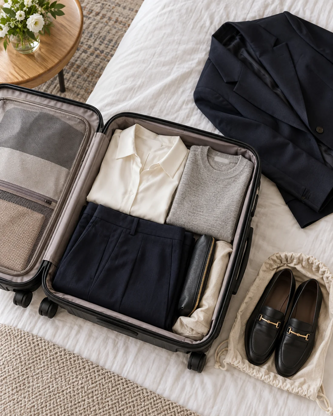 Kleiner Koffer mit aufeinander abgestimmter Hose, Blusen, Strick und Slippern.