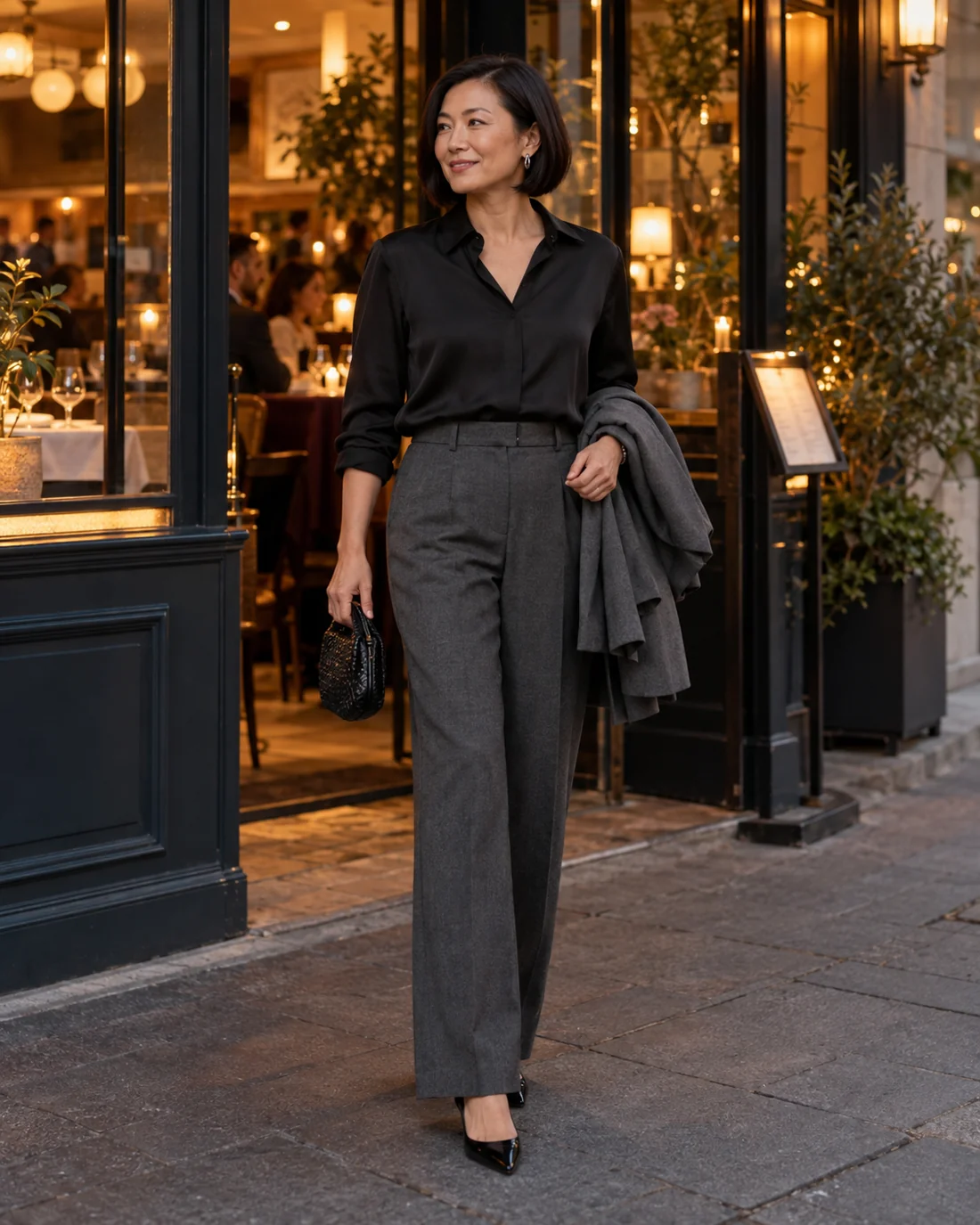 Frau in dunkler Hose und Bluse mit Blazer über dem Arm vor einem Restaurant.