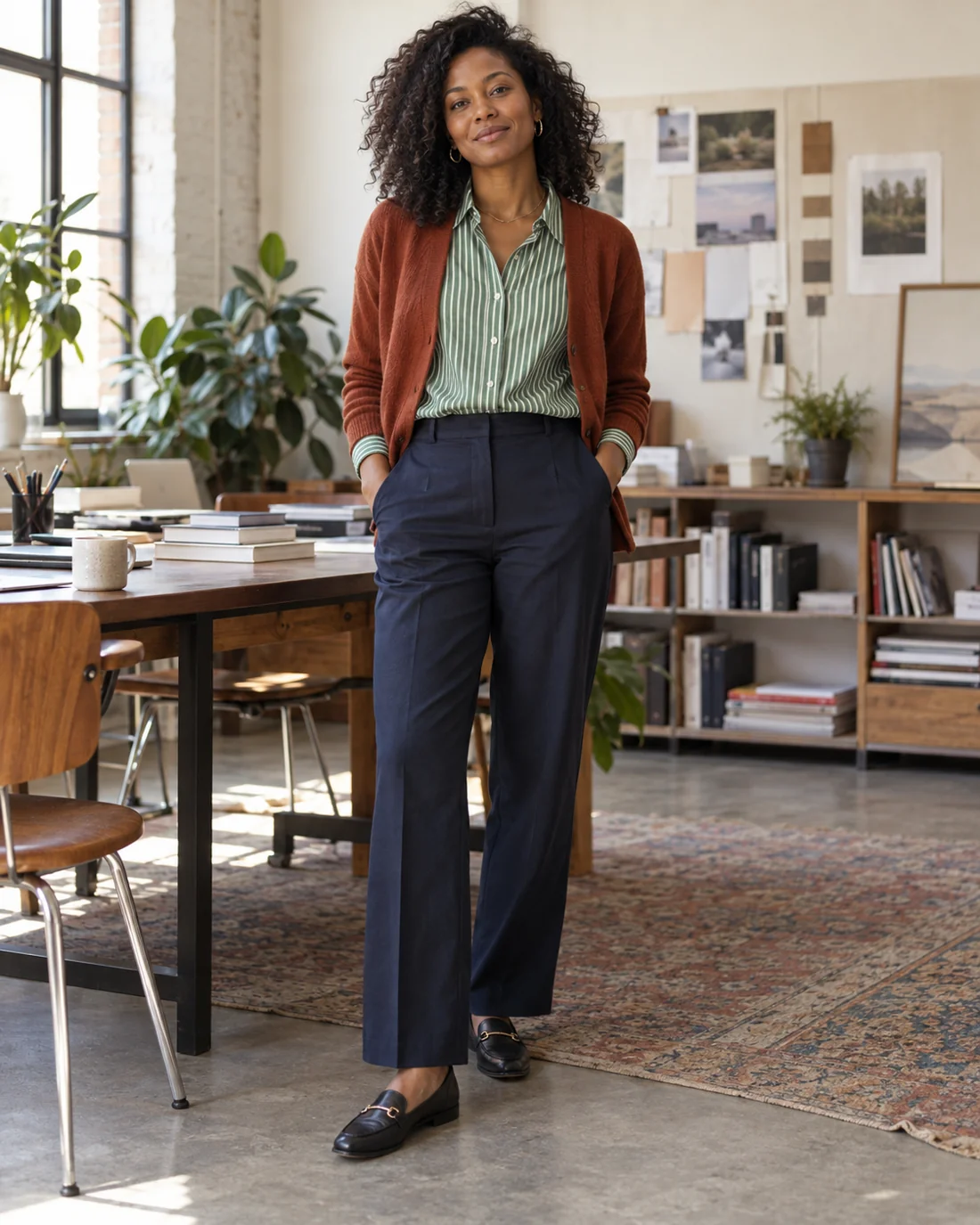 Gestreiftes grünes Hemd, rostrote Strickjacke und dunkelblaue Hose.