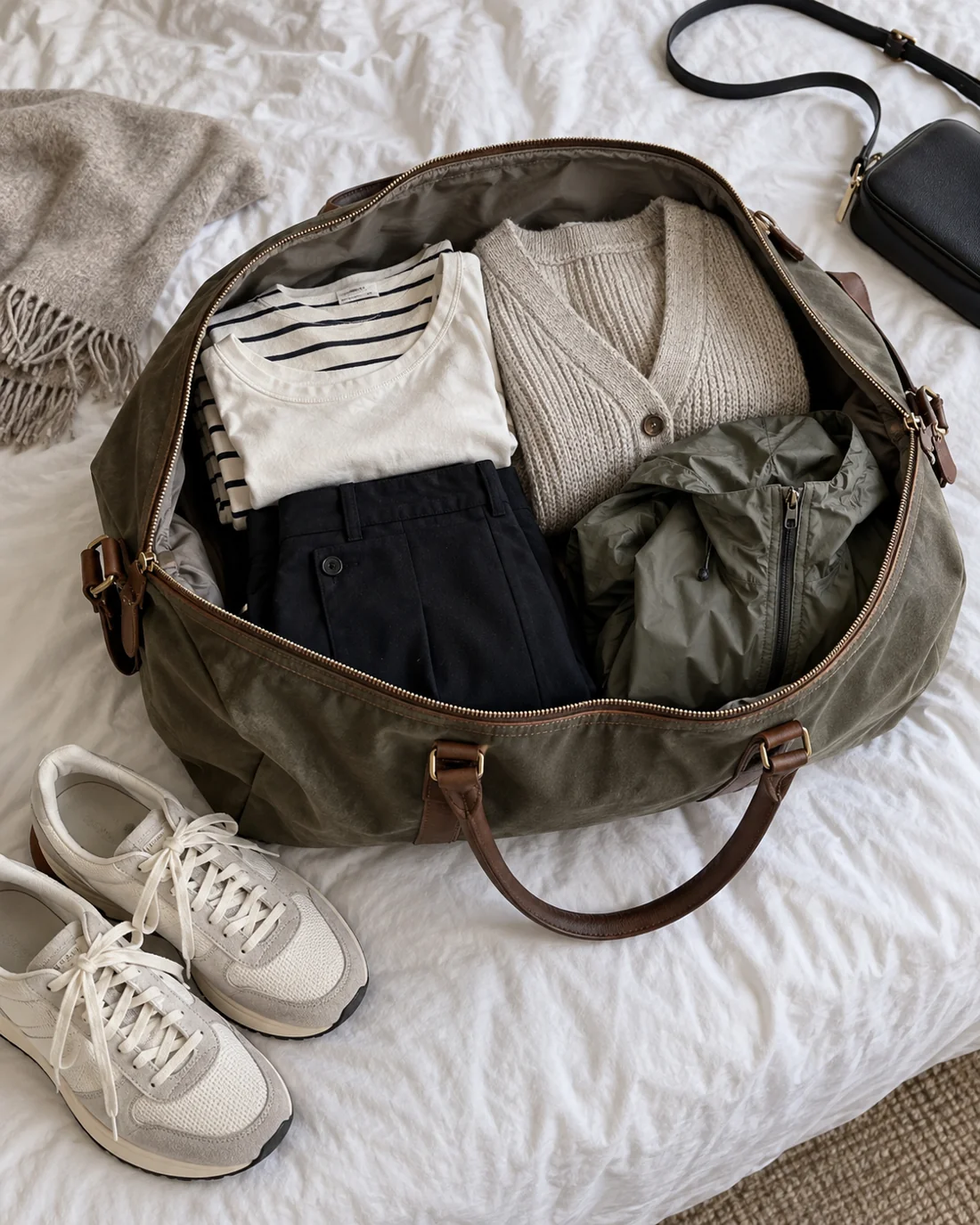 Kleine Reisetasche mit wenigen Oberteilen, Hose, Strickjacke und Turnschuhen.