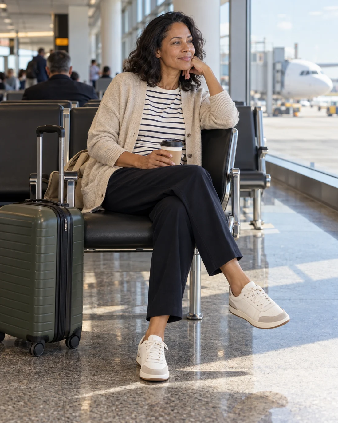 Frau in lockerer Hose und Strickjacke mit Handgepäck am Flughafen.
