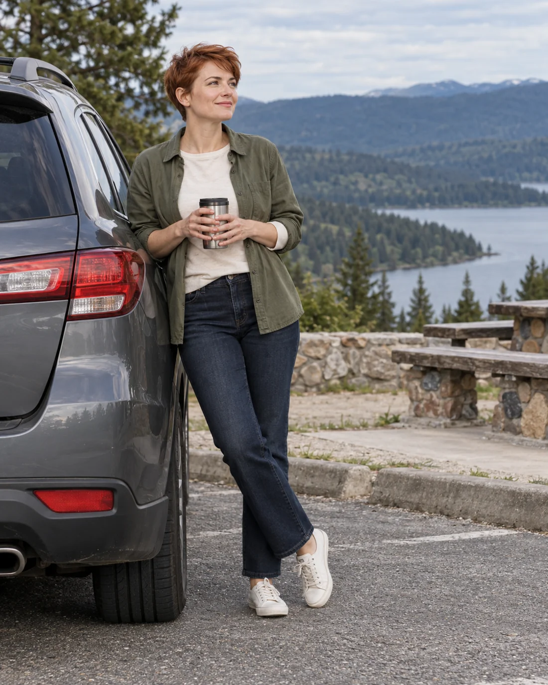 Frau in Jeans und Hemdjacke neben einem geparkten Auto.