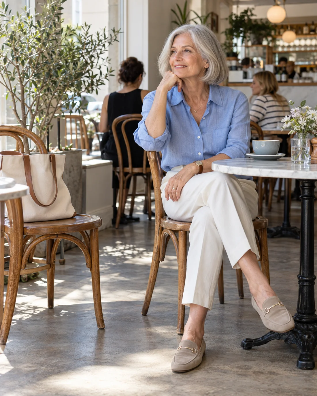 Frau in blauem Hemd und heller Hose an einem Brunch-Tisch.