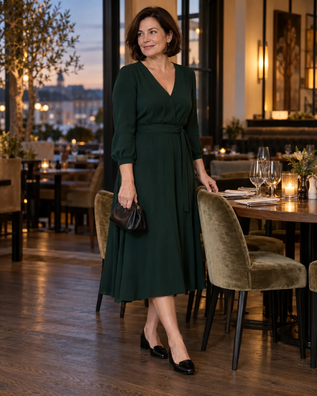 Frau in dunkelgrünem Midikleid und flachen Schuhen in einem Restaurant.