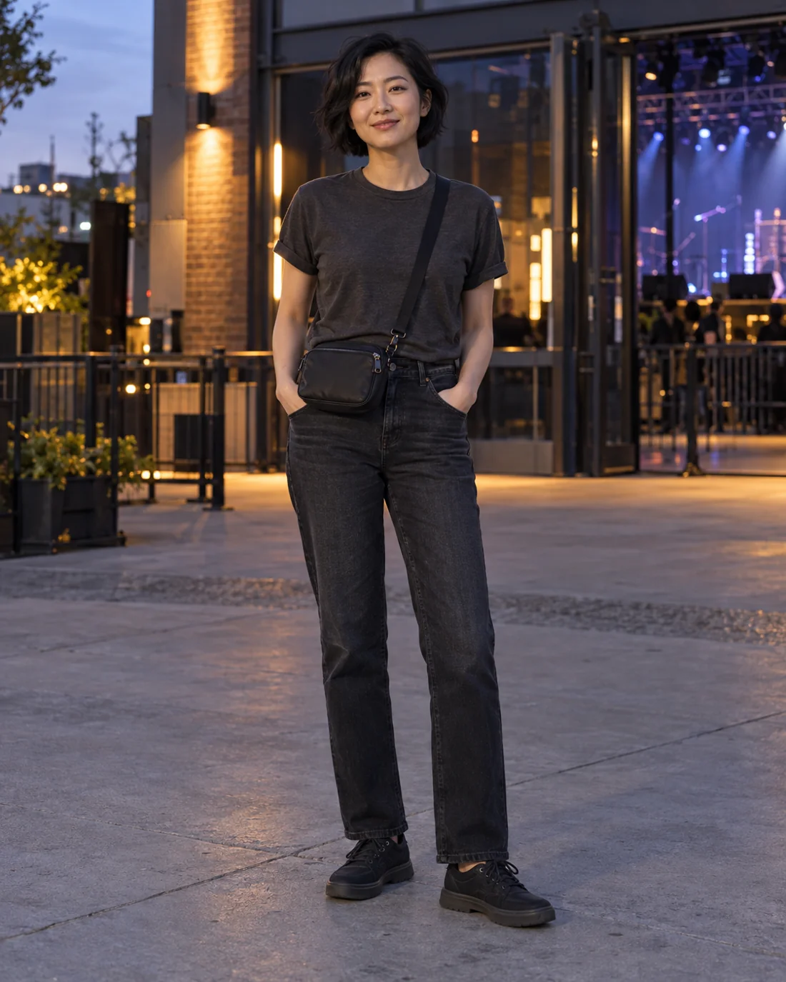 Frau in T-Shirt, Jeans und Turnschuhen mit kleiner Umhängetasche.