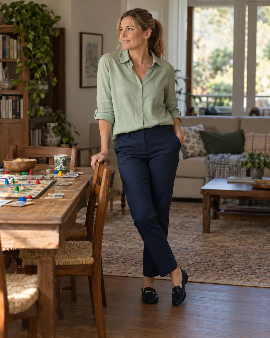 Frau in hellgrüner Bluse und dunkler Hose neben einem Spieltisch.