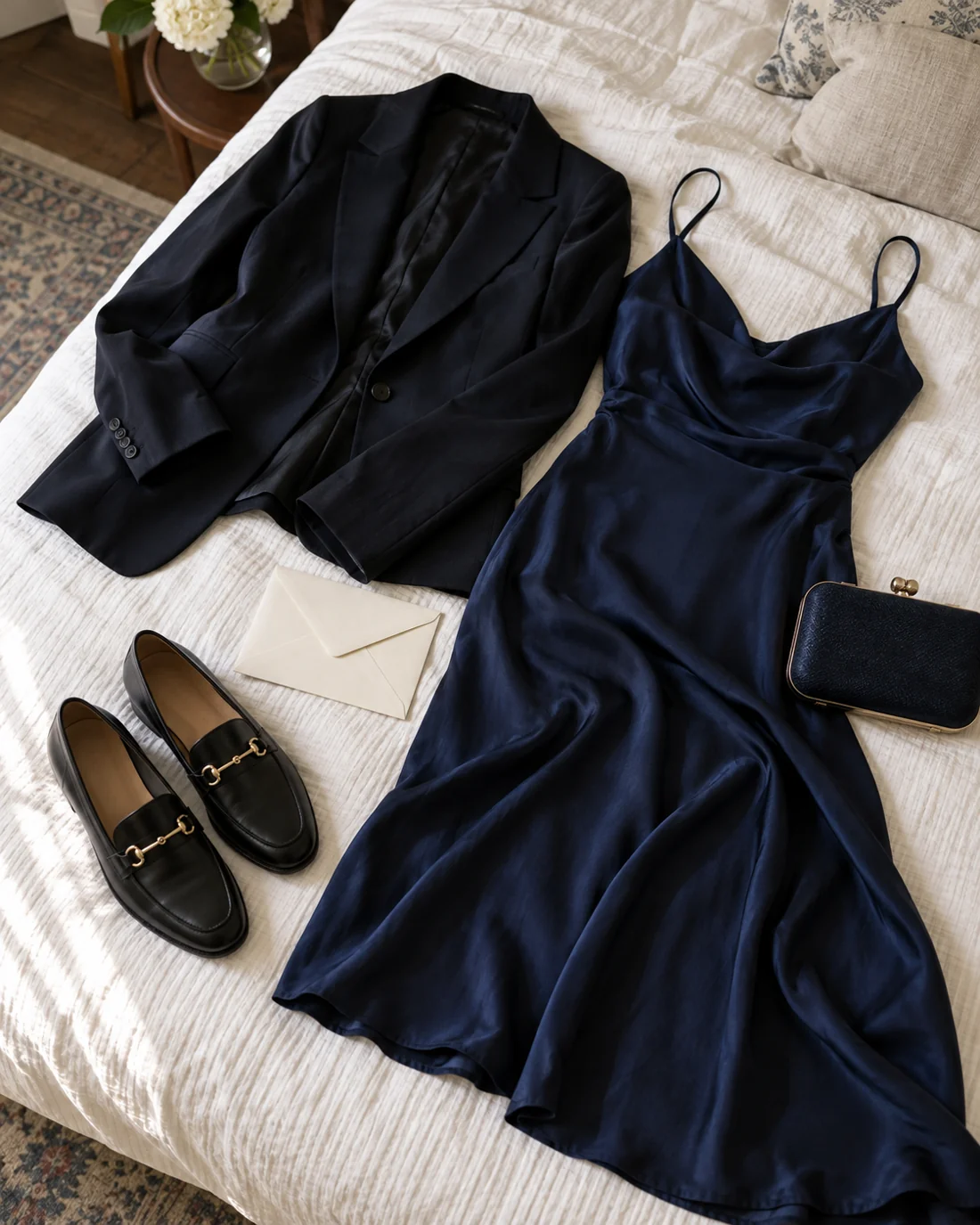 Kleid, Blazer und Schuhe neben einem unbeschrifteten Einladungsumschlag.