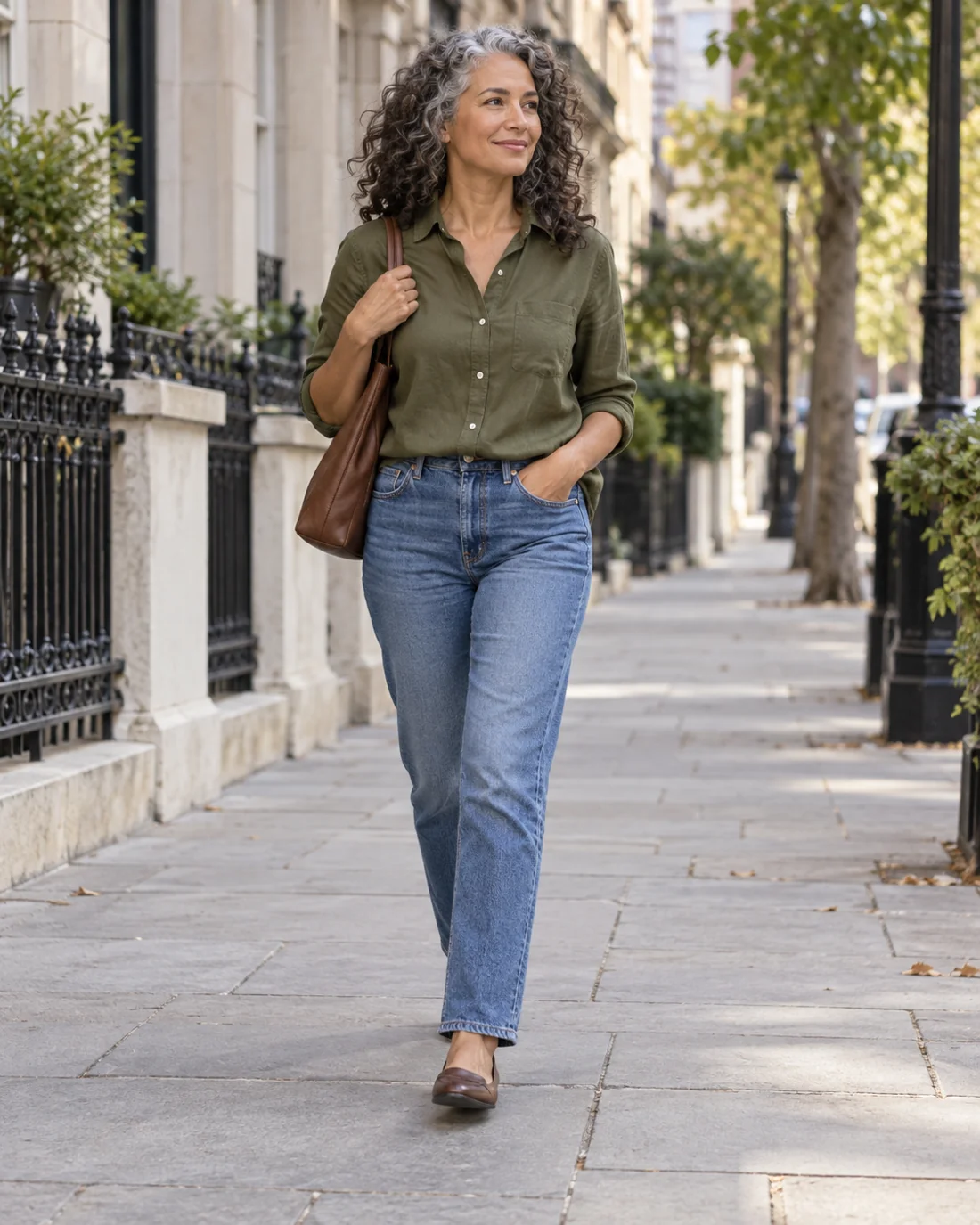 Gerade blaue Jeans mit olivfarbenem Hemd und braunen Schuhen.