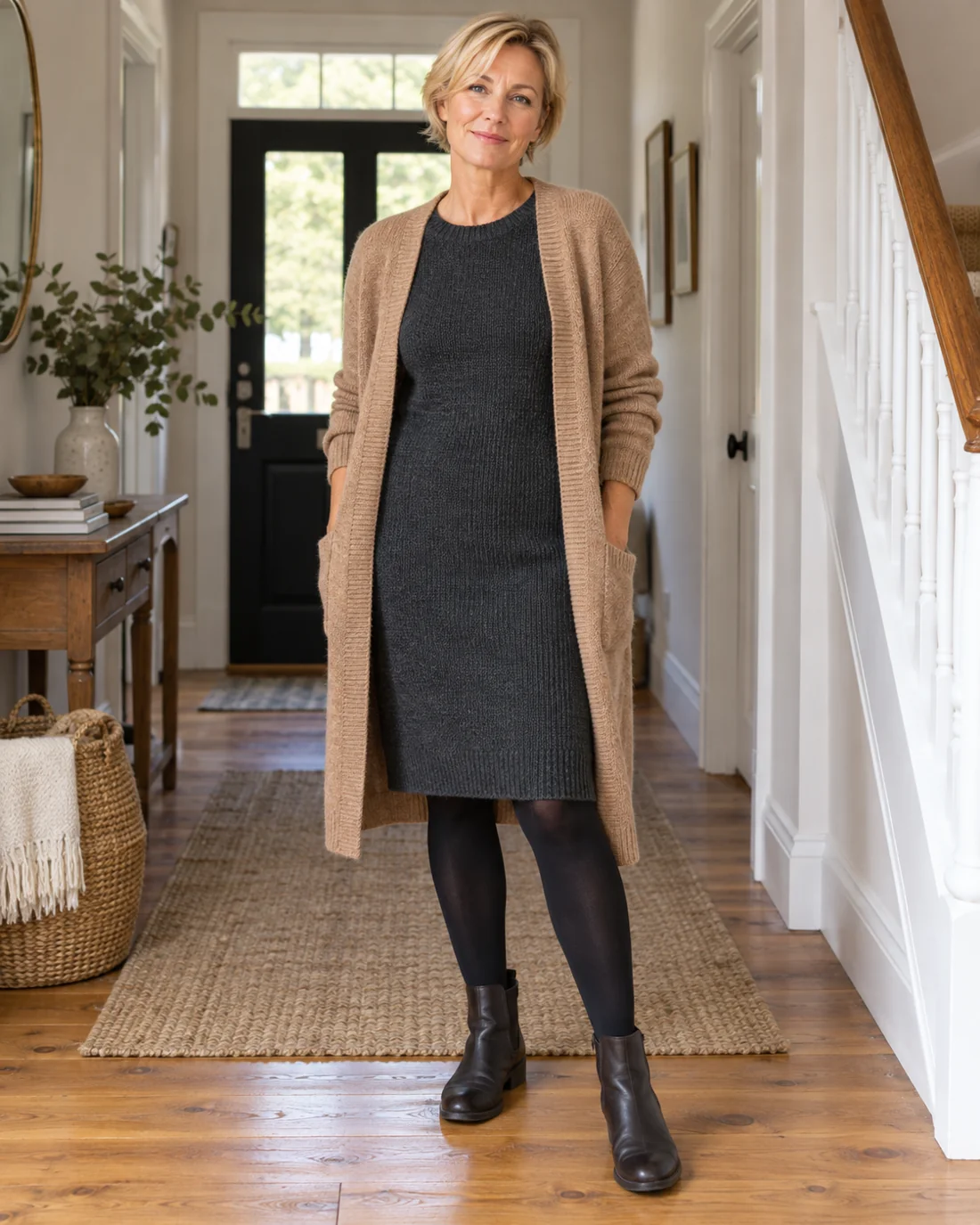 Graues Strickkleid mit langer offener Strickjacke und Stiefeletten.
