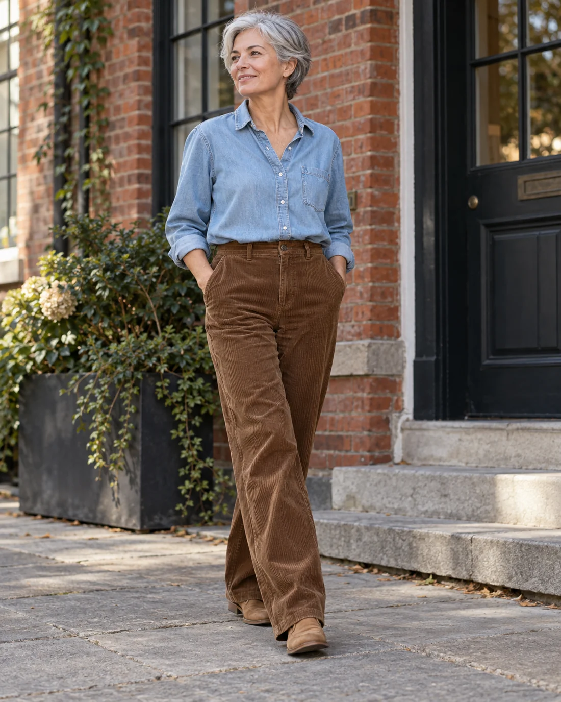 Helles Jeanshemd mit brauner Cordhose.
