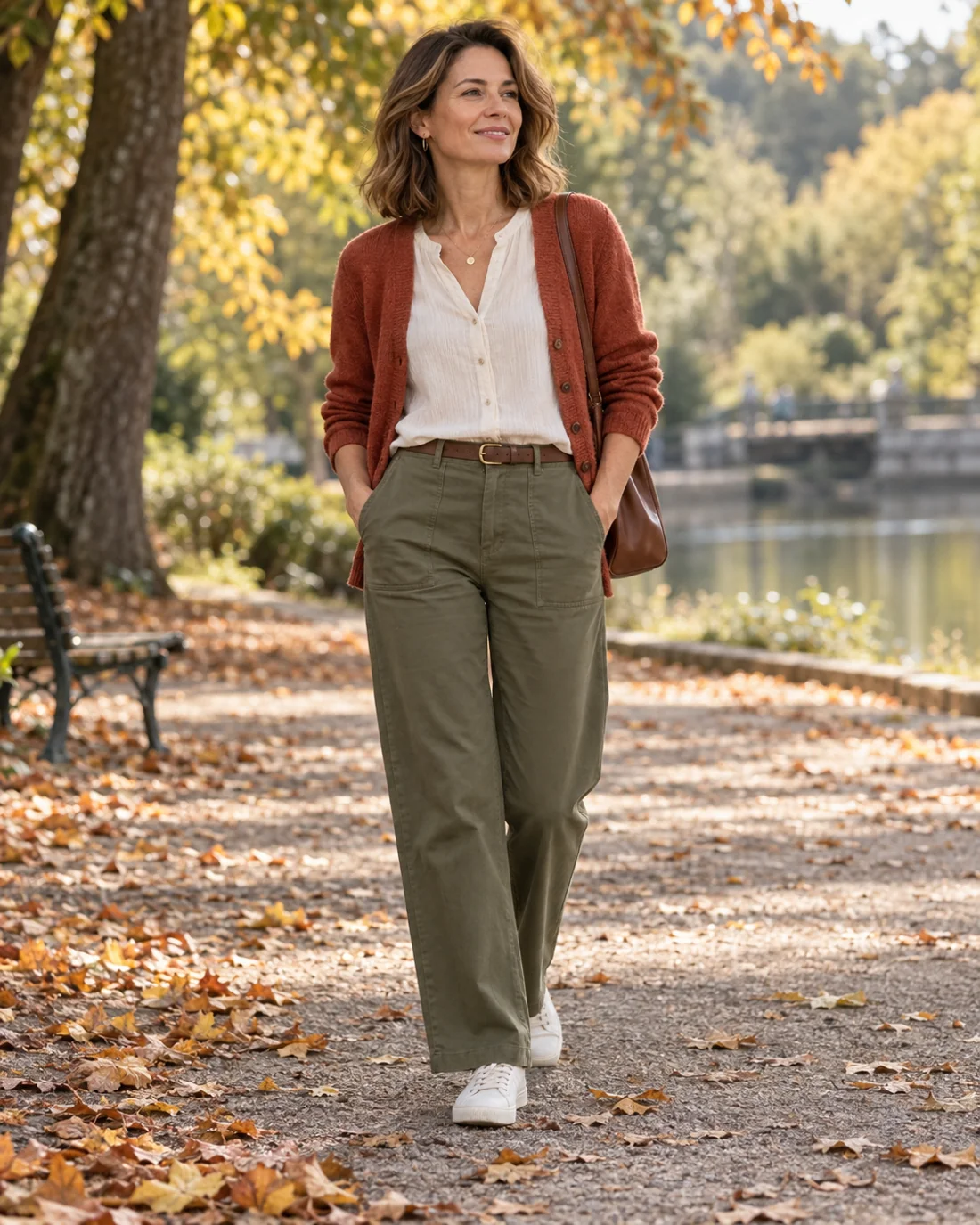 Helle Bluse, rostfarbene Strickjacke und olivgrüne Hose.