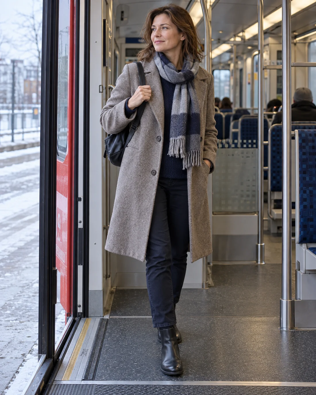 Winterkleidung mit gelockertem Schal im Zug.