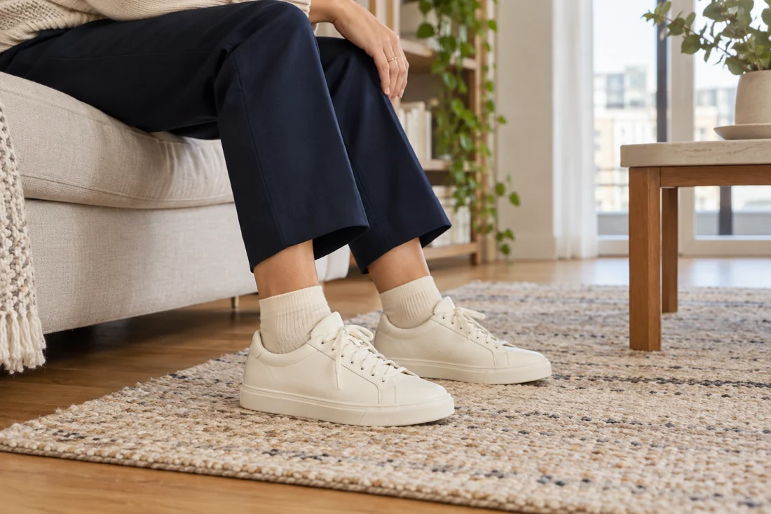 Cremefarbene Socken zwischen verkürzter dunkler Hose und hellen Sneakern.