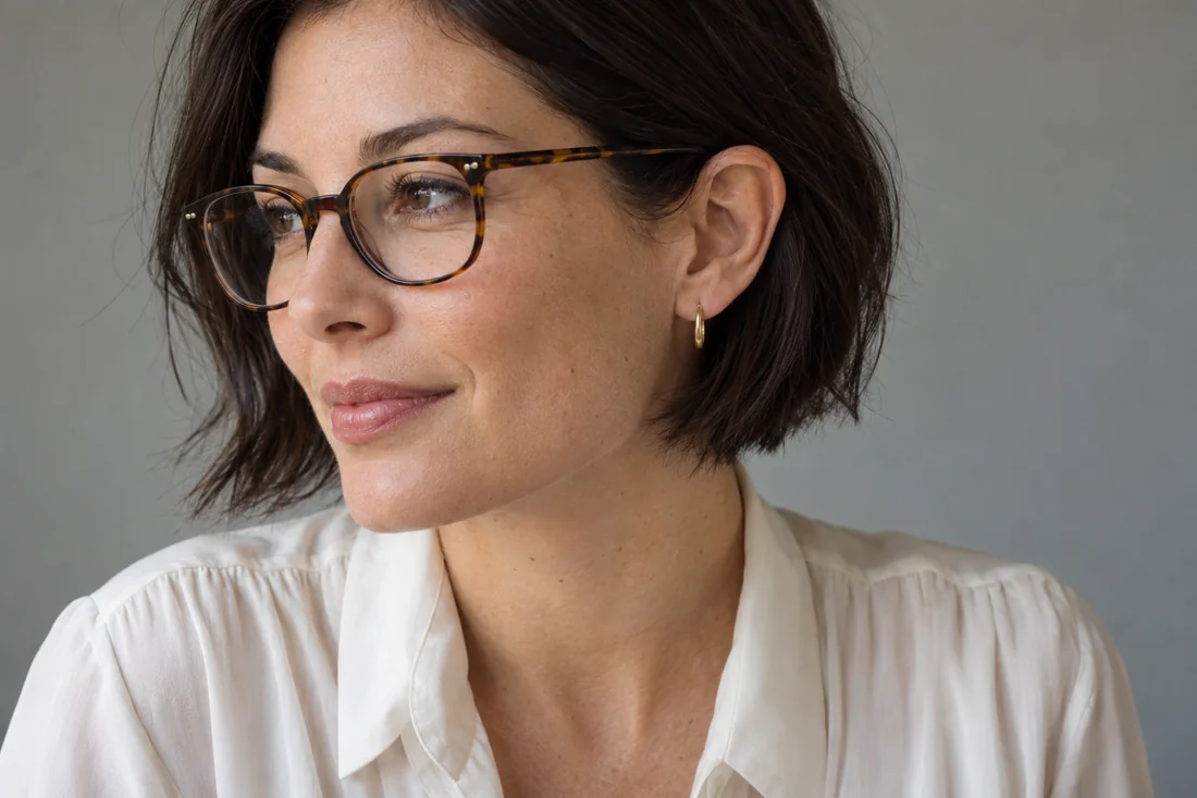 Kleine goldfarbene Creole unter dem Bügel einer Schildpattbrille.