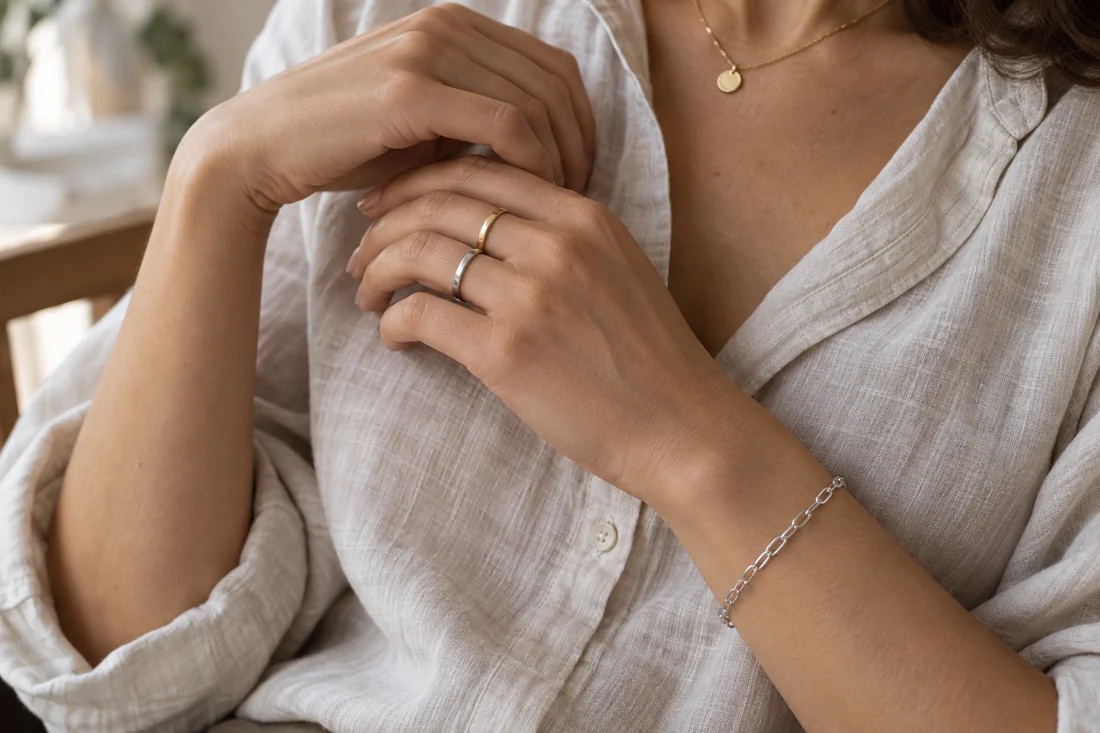 Gold- und silberfarbene Ringe mit einem silberfarbenen Armband.