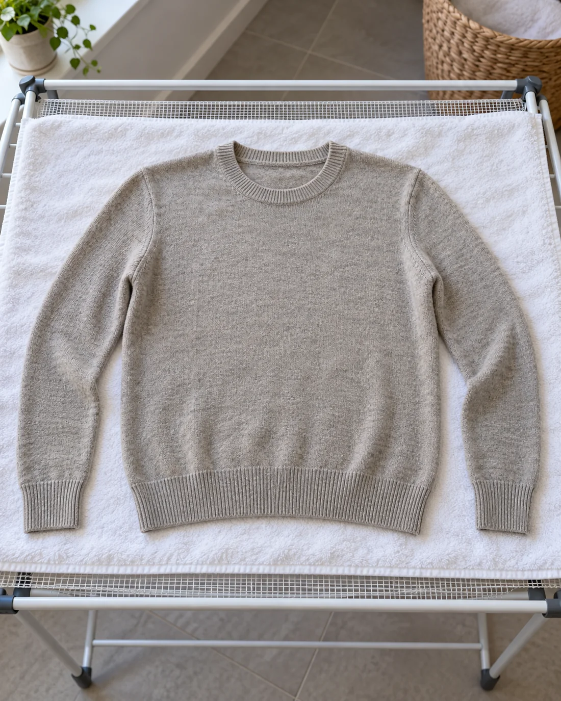 Grauer Strickpullover liegt vollständig auf einem weißen Handtuch auf einem waagerechten Wäscheständer.