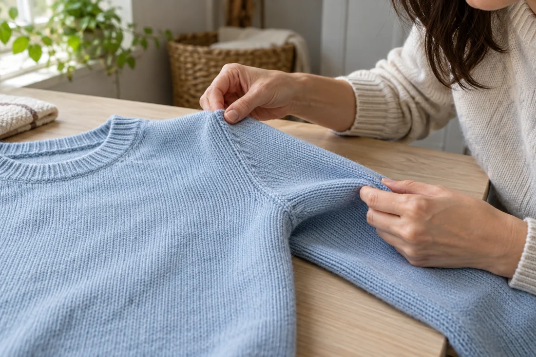 Die Naht eines blauen Strickpullovers wird vor dem Waschen geprüft.