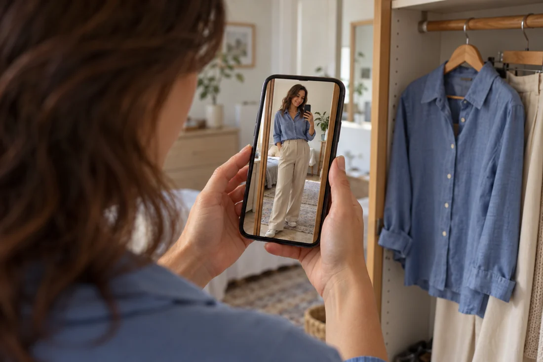 Ein gespeichertes Outfitfoto auf einem Smartphone neben den entsprechenden Kleidungsstücken.