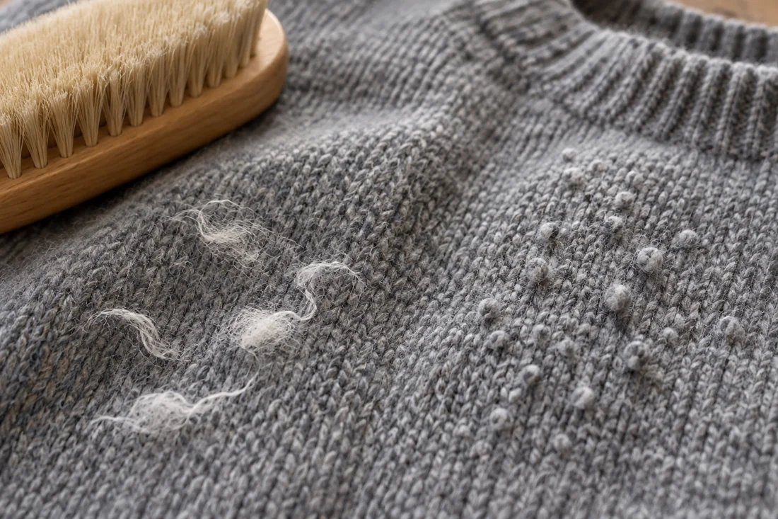 Lose helle Fusseln und kleine Knötchen auf grauem Strick neben einer Kleiderbürste.