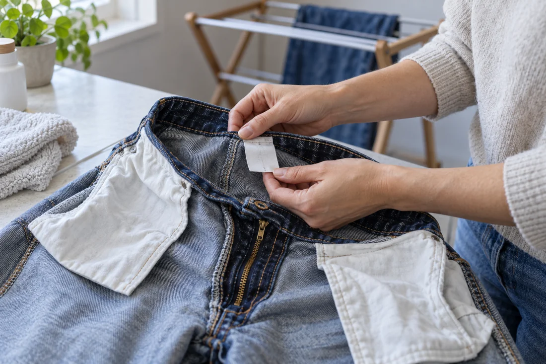 Eine auf links gewendete Jeans wird am eingenähten Etikett geprüft.