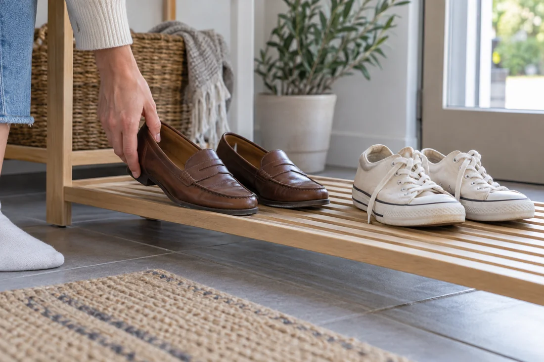 Getragene Loafer und Leinenschuhe stehen mit Abstand auf einem offenen Schuhregal.