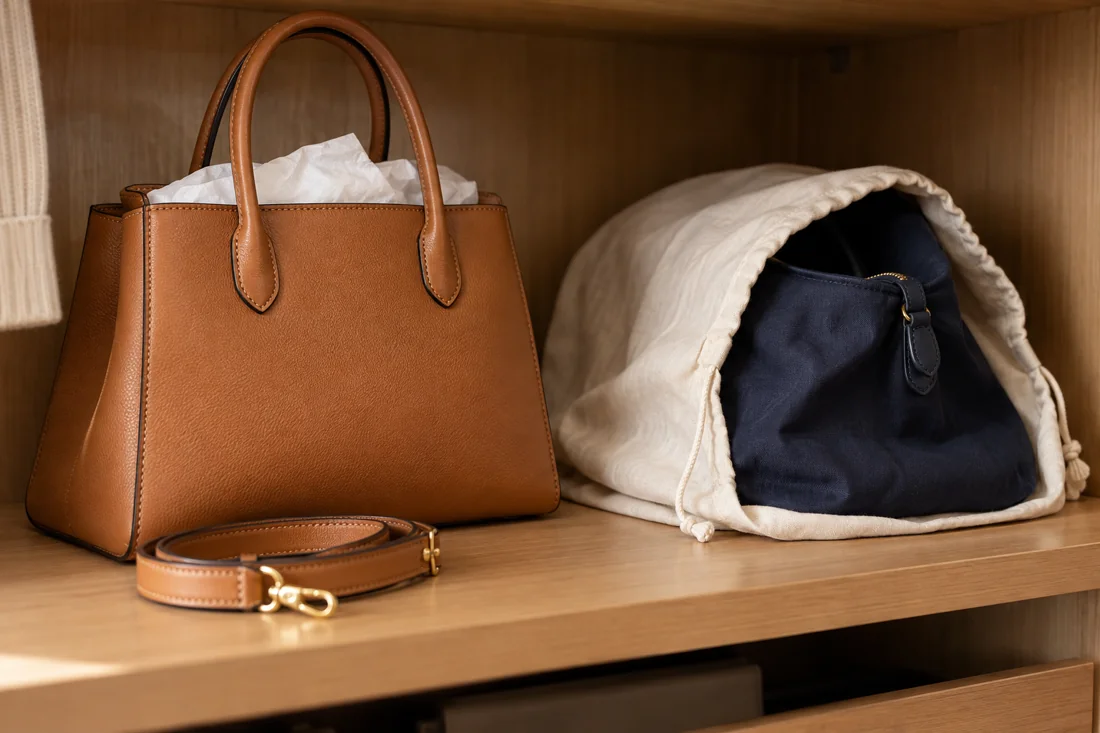 Eine gestützte Ledertasche und eine Stofftasche in einer geöffneten Schutzhülle.