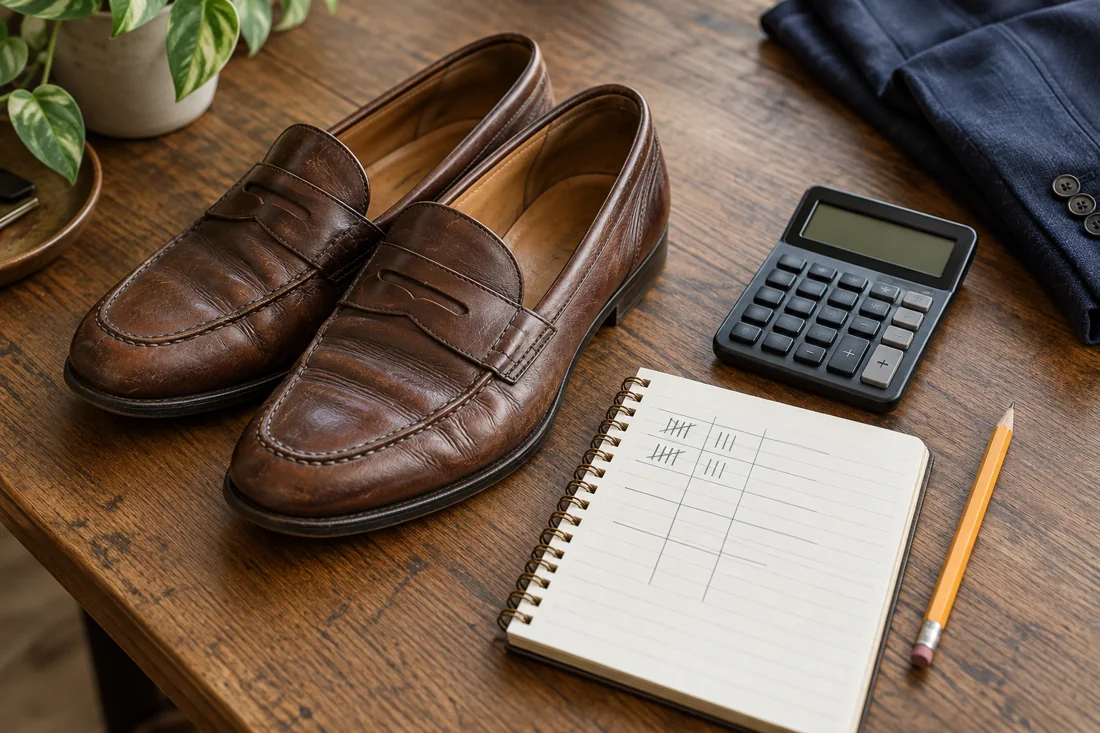 Getragene Loafer neben einem Taschenrechner und einem Notizbuch mit Strichlisten.