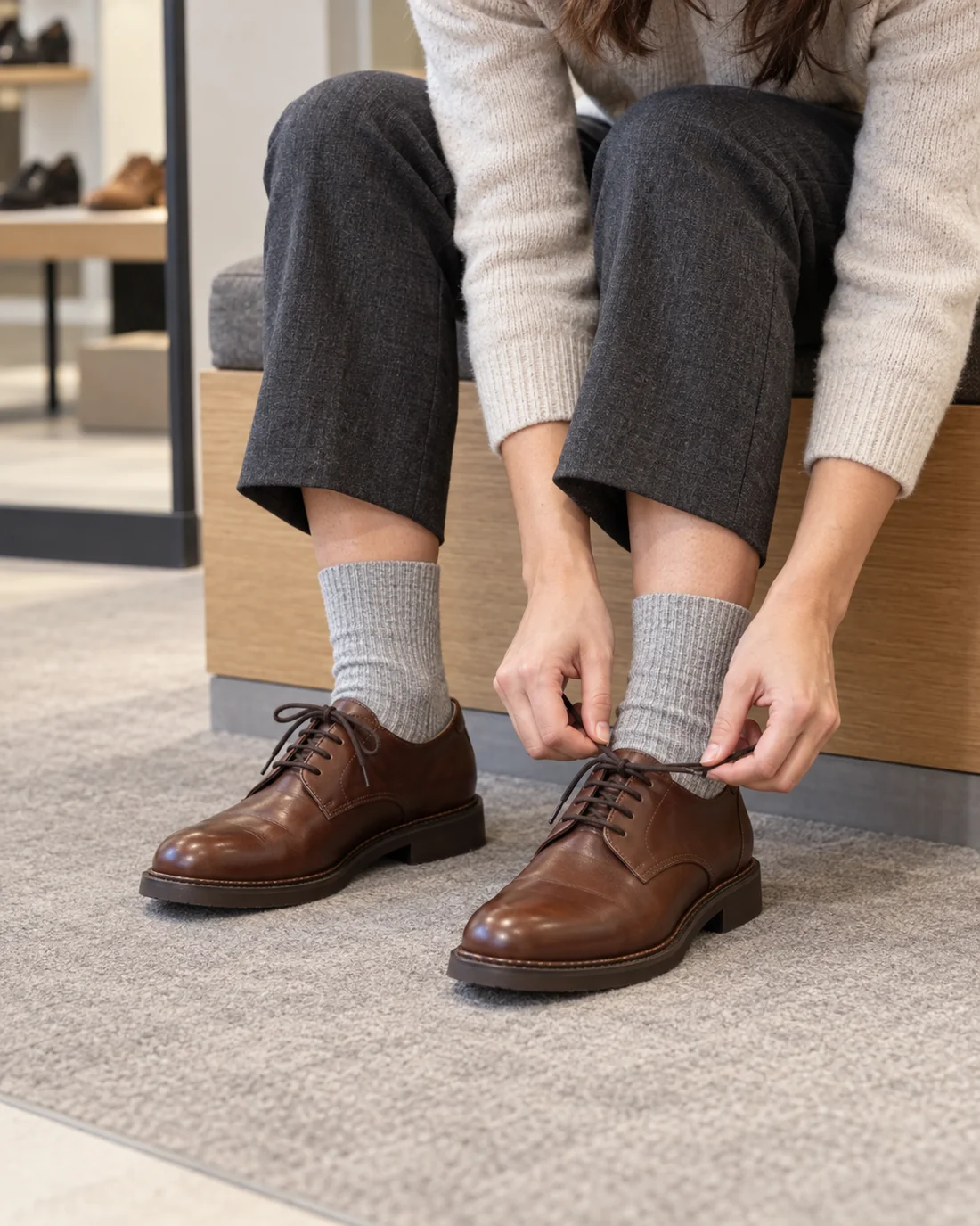 Frau probiert braune Schnürschuhe mit grauen gerippten Socken an und bindet einen Schuh.