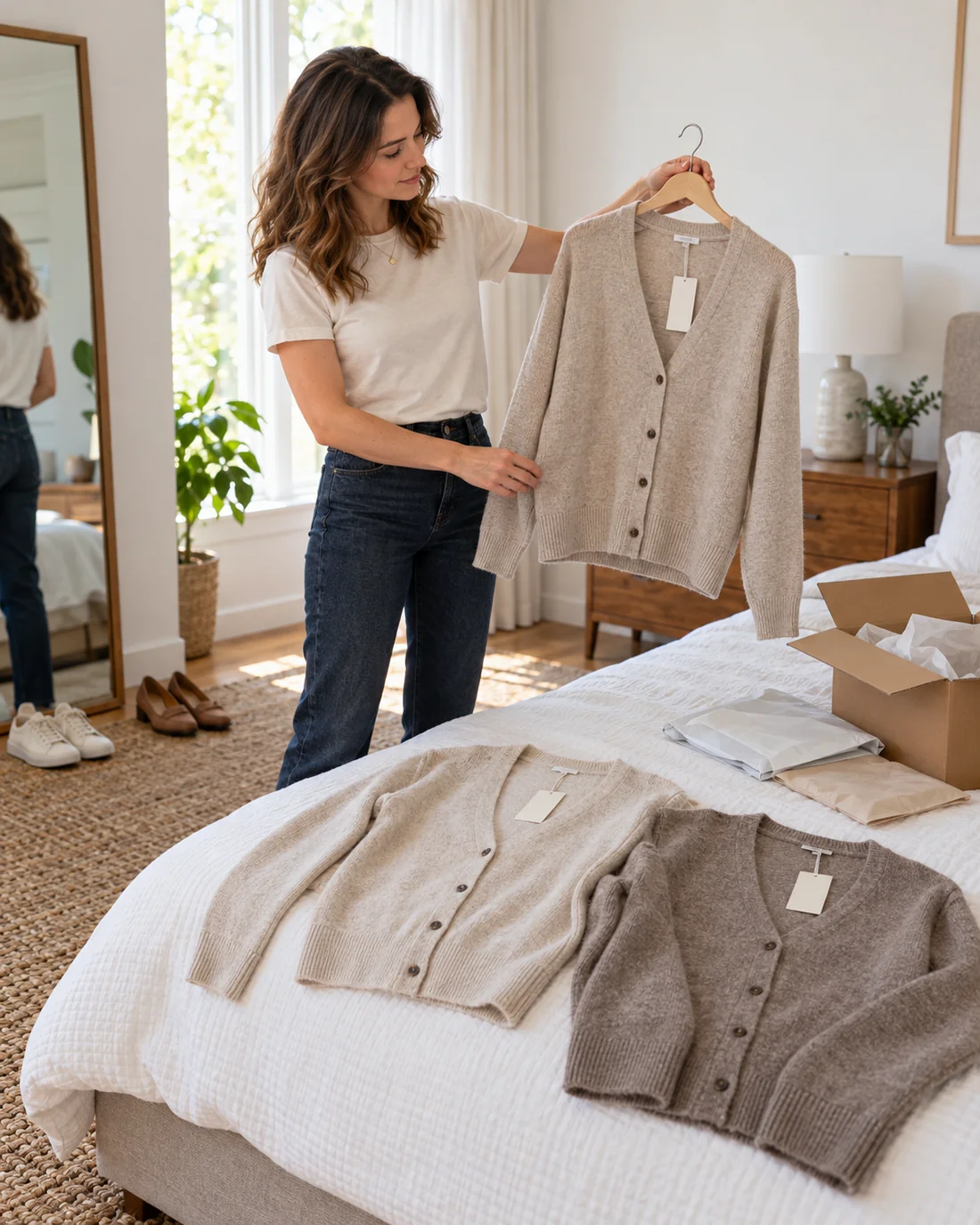 Frau vergleicht eine Strickjacke mit weiteren etikettierten Kleidungsstücken neben einem geöffneten Versandkarton.
